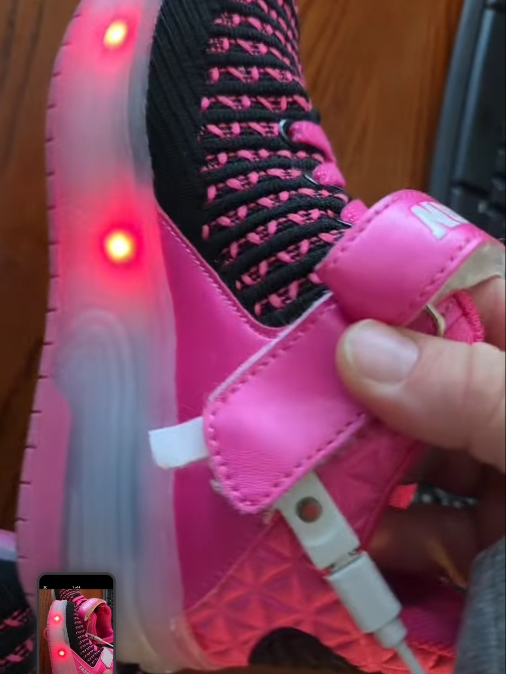 Kids Black & Pink LED Rechagable Light-Up Roller Sneakers With Removable Wheels - Picture 3 of 9